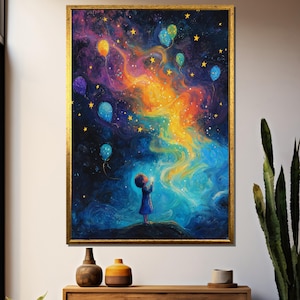 Magical Galaxy Child Art – Dreamy Fantasy Scene with Stars, Balloons, and Cosmic Colors, Whimsical Night Sky Canvas Wall Print