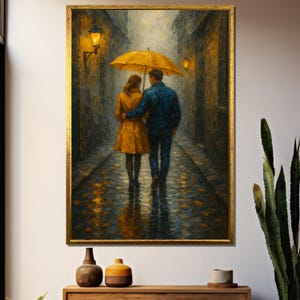 Romantic Rainy Evening Stroll of Couple Under Golden Umbrella in Narrow Cobblestone Alleyway: Charming Canvas Painting Gift