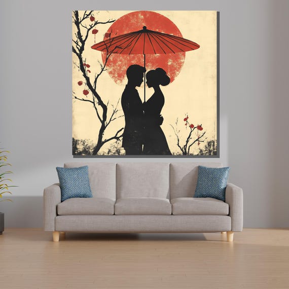 Romantic Asian Couple Silhouette Wall Art – Minimalist Love Poster