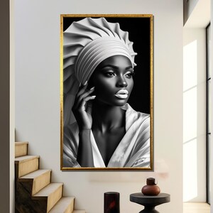 Striking Monochrome Turbaned Portrait Canvas Painting Gift – Elegant Black & White Feminine Fashion Art on   Canvas