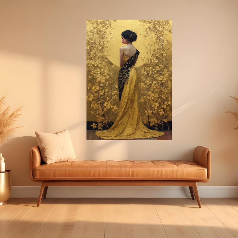 Gustav Klimt Asian Woman in Golden Dress Canvas, Oriental Floral Art ...