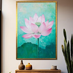 Pink Lotus Flower Painting, Zen Water Lily Wall Art, Tranquil Floral Canvas Print, Botanical Meditation Decor