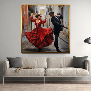 Flamenco Dance Street Art | Spanish Passion Couple  Painting | Traditional Red Dress Decor
