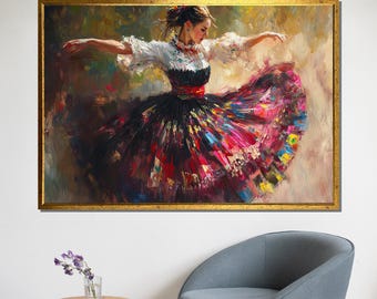 May include: A painting of a woman in a colorful, flowing dress, dancing with her arms outstretched. The dress is a mix of red, pink, blue, and green, with a black bodice. The woman has long, dark hair and is wearing a white blouse. The background is a blurred, light brown.