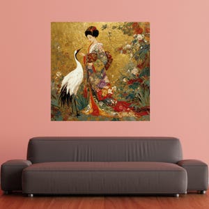 Elegante geisha met kraan, Aziatische canvas muurkunst, bladgoud achtergrond, Japanse kimono schilderij, decoratieve bloemkunst, klaar om op te hangen StretchedWood Canvas