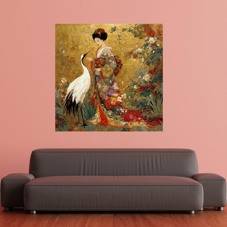 Elegante geisha met kraan, Aziatische canvas muurkunst, bladgoud achtergrond, Japanse kimono schilderij, decoratieve bloemkunst, klaar om op te hangen StretchedWood Canvas