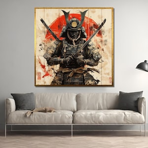 Japanese Samurai Warrior Wall Art - Fierce Katana Fighter with Red Sun Background - Traditional Bushido Poster for Home or Office Decor
