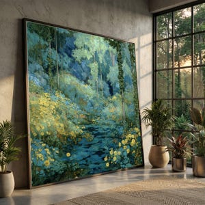 Tranquil Forest Stream Canvas, Woodland Wildflowers Wall Art, Nature Landscape Painting, Serene Garden Scene, Ready to Hang Home Decor