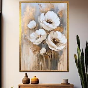 Abstract White and Gold Flower Canvas  -Elegant Floral Painting with Metallic Texture - Modern Neutral Wall Decor for Living Room or Bedroom