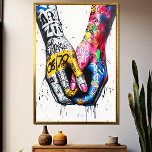 Graffiti Holding Hands Wall Art, Urban Love Expression Canvas, Colorful Street Art Print, Modern Emotional Graffiti Poster