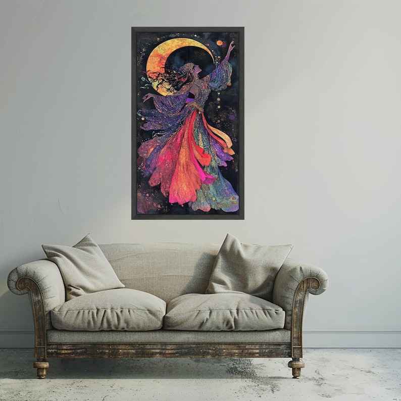 Mystical Lunar Dance Canvas, Bohemian Woman Art, Colorful Flowing Dress, Moonlight Wall Art, Fantasy Home Decor, Vibrant Spiritual Painting Black Frame