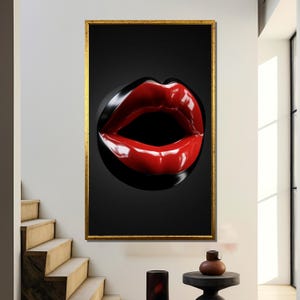 Bold Glossy Red Lips Canvas Painting Gift – Striking   Pop Art Lip Sculpture   Design for Chic Modern Decor