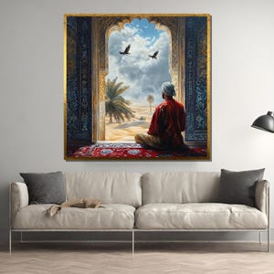 Puede incluir: Una pintura de un hombre con una túnica roja sentado en una puerta mirando hacia un paisaje desértico. Dos pájaros vuelan en el cielo sobre el desierto. La puerta está decorada con intrincados trabajos de azulejos.