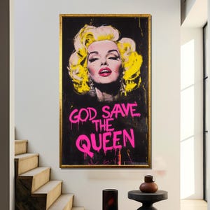 Cuadro en lienzo de Marilyn Monroe: vibrante decoración de pared estilo pop art de "Dios Salve a la Reina", un regalo audaz para los amantes del glamour y el punk.