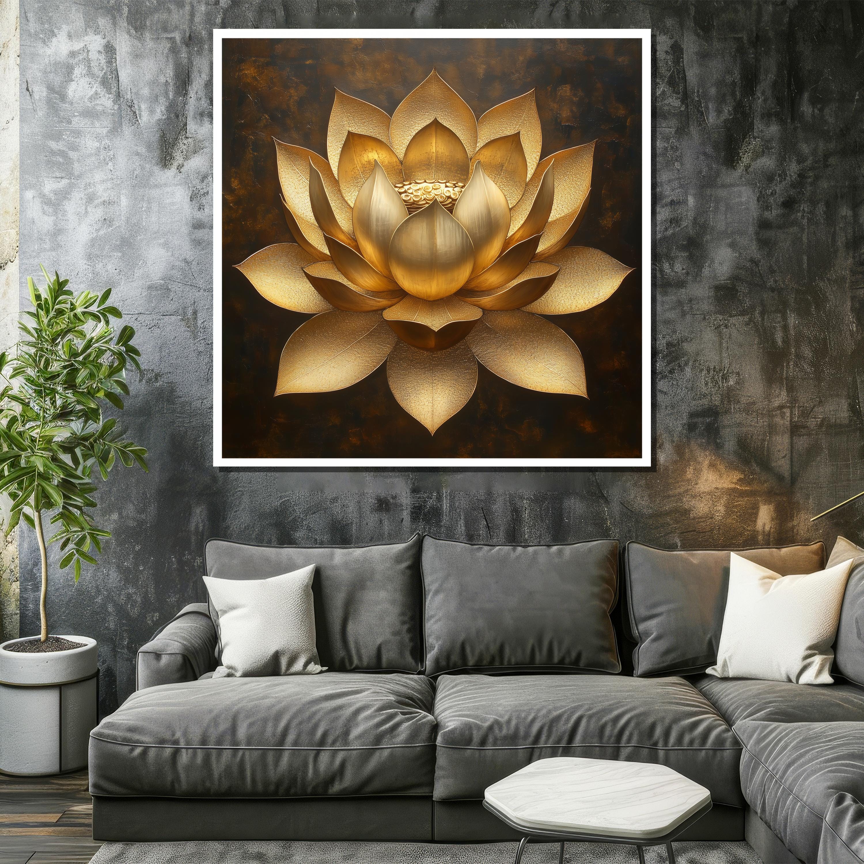 黄金の蓮の壁アート | エレガントな対称的な蓮の花の絵画 | 瞑想室の