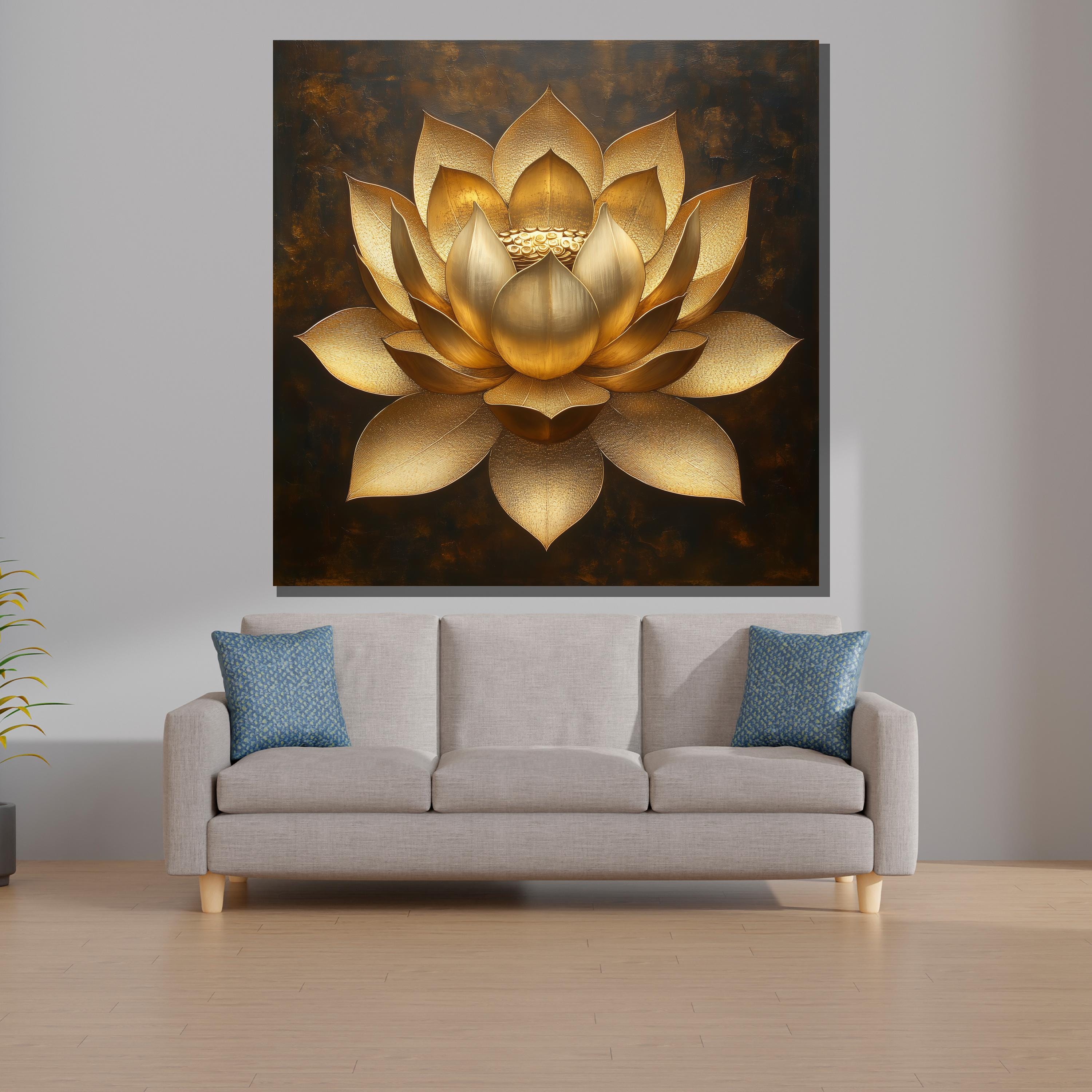 黄金の蓮の壁アート | エレガントな対称的な蓮の花の絵画 | 瞑想室の