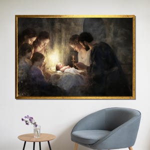 Holy Family Nativity Scene Canvas Painting – Christmas Religious Wall Art Depicting Birth of Jesus, Ideal Gift for Christian Homes