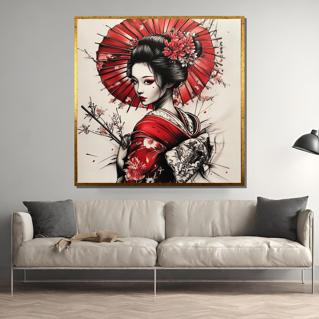 Japanese Geisha Wall Art Print, Red Kimono and Umbrella Tattoo Style ...