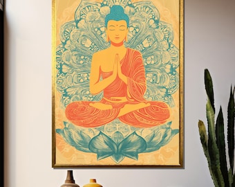 Colorful Buddha Meditation Poster | Sacred Lotus Wall Art | Vibrant Zen Spiritual Decor | Tranquil Buddhist Illustration