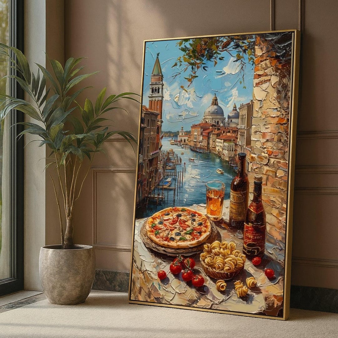 Venetian Canal View Canvas, Italian Pizza and Wine Still Life