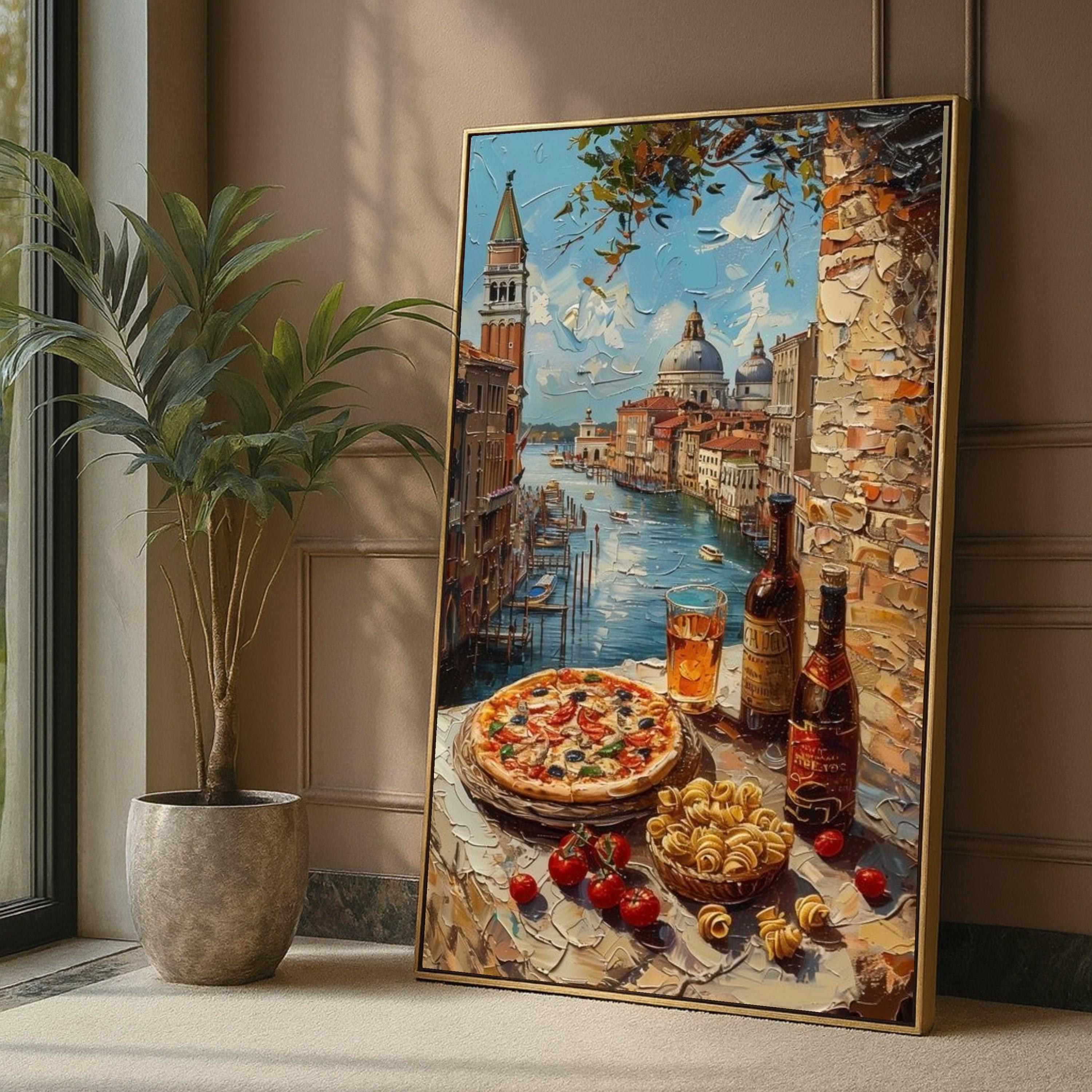 Venetian Canal View Canvas, Italian Pizza and Wine Still Life