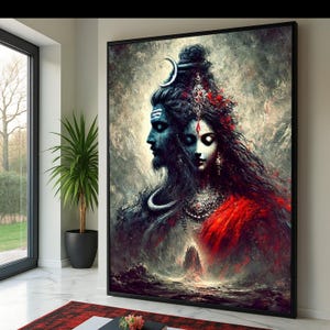 Shiva and Parvati Canvas Wall Art, Divine Hindu Deities Painting, Spiritual Indian Art, Mythological Couple Portrait, Sacred Home Decoration