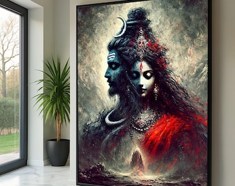 Shiva and Parvati Canvas Wall Art, Divine Hindu Deities Painting, Spiritual Indian Art, Mythological Couple Portrait, Sacred Home Decoration