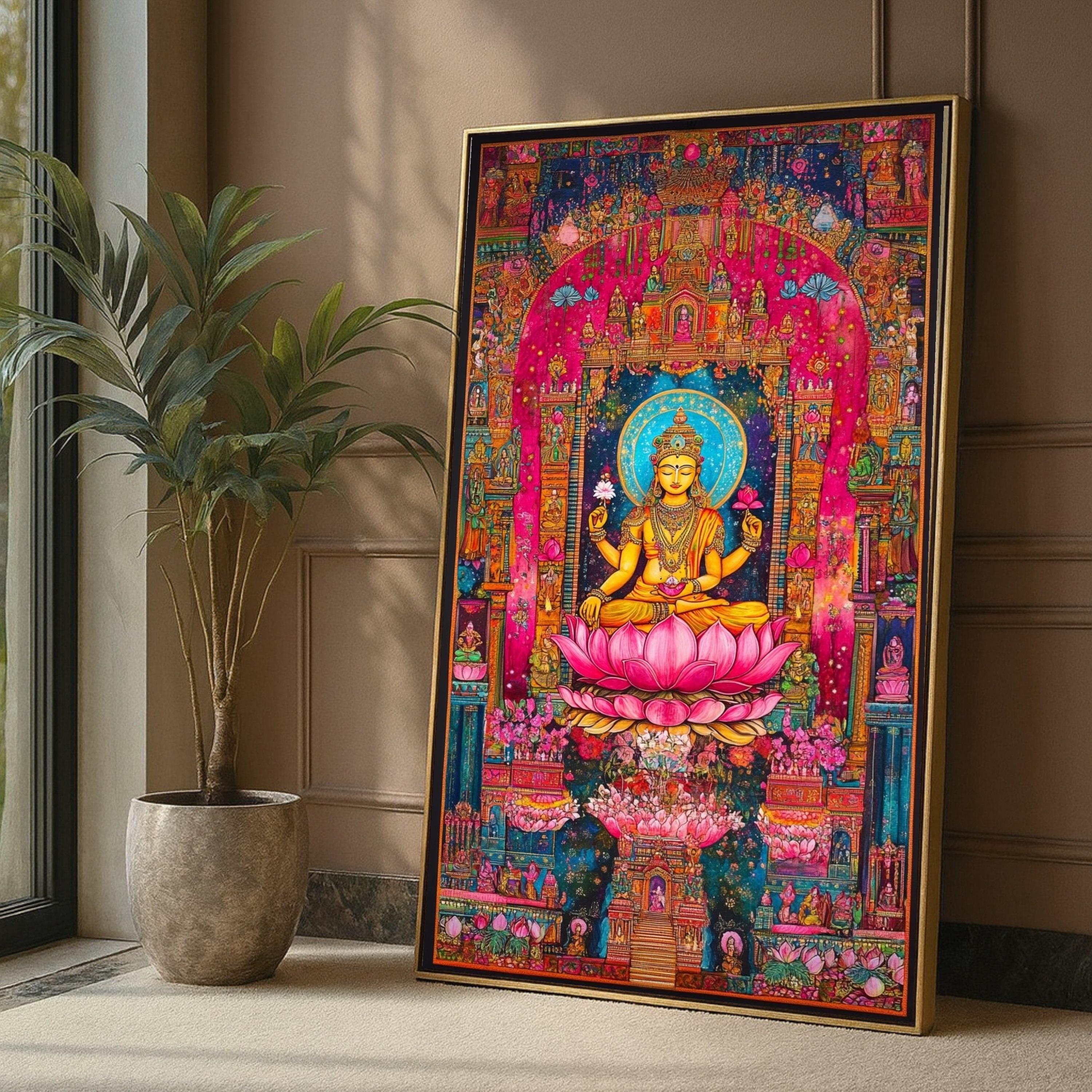 Buddhist Goddess Lakshmi Canvas Wall Art, Lotus Flower Meditation Buddhist Goddess Lakshmi Canvas Wall Art, Lotus Flower Meditation