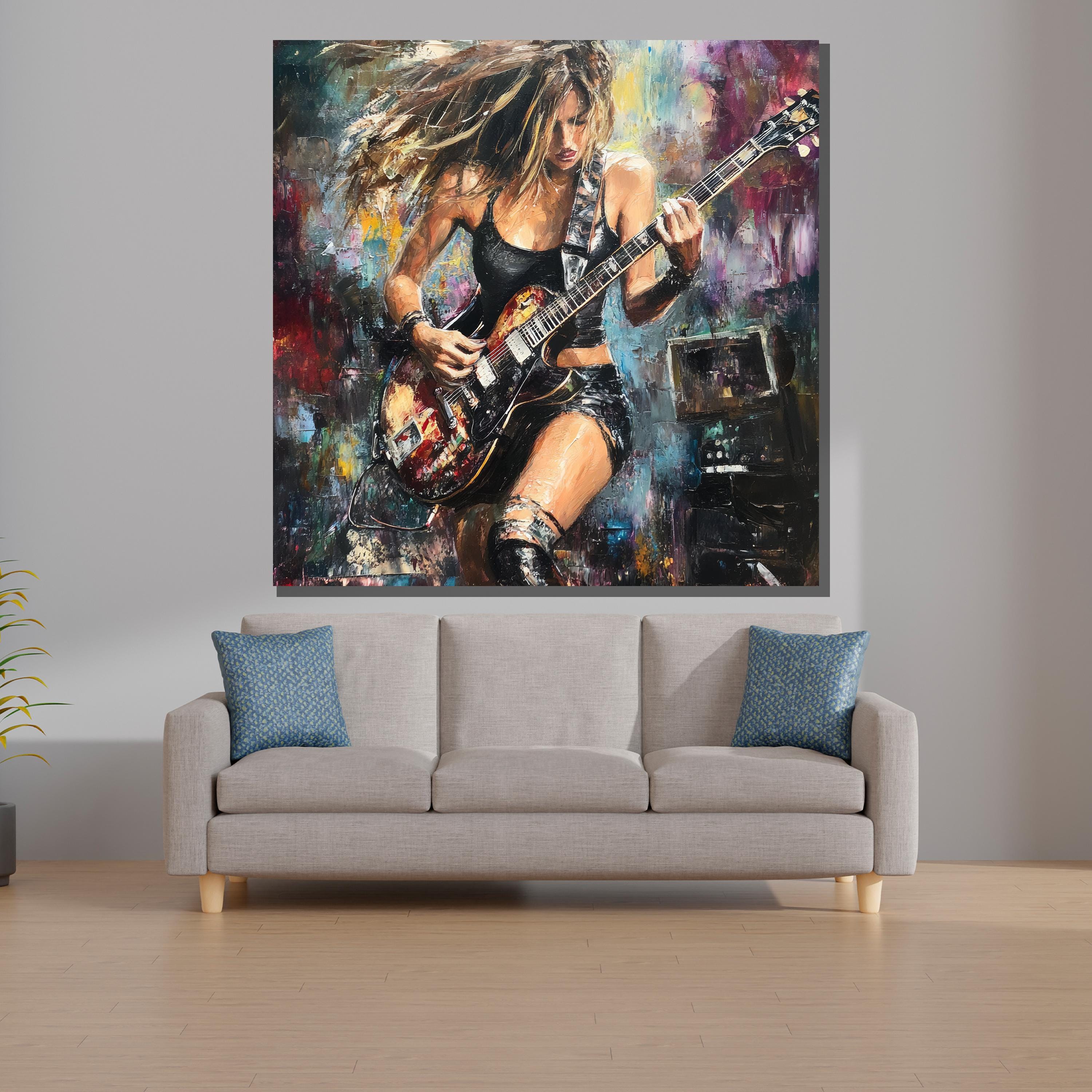 Rock Guitarist Wall Art – Female Musician Oil Painting – Colorful
