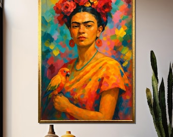 Frida - Mujer con corona de flores sosteniendo un loro sobre vibrantes bloques de colores abstractos - Regalo de pintura en lienzo