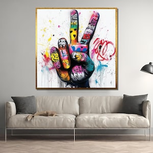 Graffiti Peace Hand Art, Colorful Street Art Poster, Urban Graffiti Wall Print, V Sign Modern Pop Art, Bold Urban Decor for Home Office