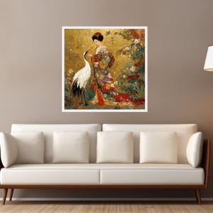 Elegante geisha met kraan, Aziatische canvas muurkunst, bladgoud achtergrond, Japanse kimono schilderij, decoratieve bloemkunst, klaar om op te hangen White Frame