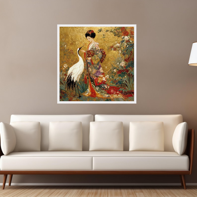 Elegante geisha met kraan, Aziatische canvas muurkunst, bladgoud achtergrond, Japanse kimono schilderij, decoratieve bloemkunst, klaar om op te hangen White Frame