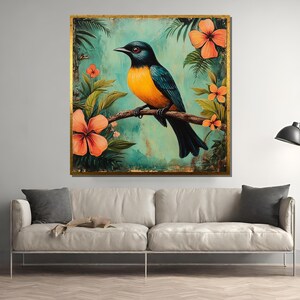 Tropical Bird Wall Art, Vibrant Bird Canvas Painting, Colorful Bird and Flowers Print, Exotic Nature Wall Decor, Bird Lover Gift