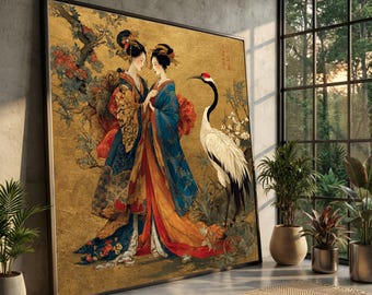 Elegante canvaskunst geishavrouwen, muurdecoratie Japanse kraanvogel, traditioneel kimonoschilderij, Aziatisch bloemencanvas, oosterse woondecoratie
