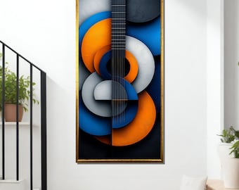 Abstrakcyjna sztuka ścienna z gitarą, kolorowy obraz z instrumentem muzycznym, nowoczesne płótno w kolorze niebieskim i pomarańczowym, geometryczny wystrój muzyczny