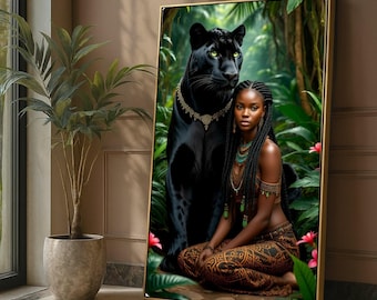 Powerful Black Panther and Tribal Woman, Jungle Canvas Wall Art, Ethnic Portrait Canvas, Afrocentric Decor, Exotic Wildlife and Cultural Art