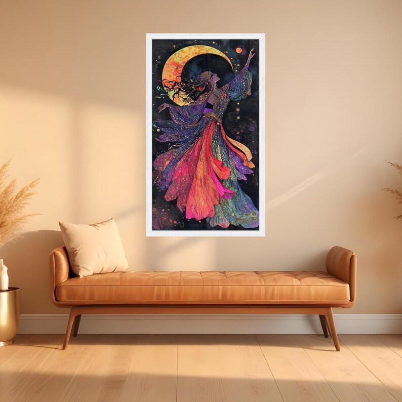 Mystical Lunar Dance Canvas, Bohemian Woman Art, Colorful Flowing Dress, Moonlight Wall Art, Fantasy Home Decor, Vibrant Spiritual Painting White Frame