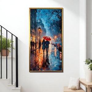 Romantic Couple with Red Umbrella in Rain – Moody Oil Painting Style Canvas Art with City Lights – Love Wall Decor for Bedroom or Gift