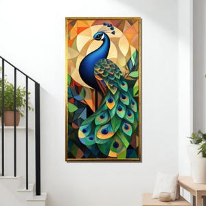 Geometric Peacock Wall Art, Colorful Peacock Canvas Painting, Abstract Modern Bird Decor, Vibrant Animal Artwork for Home Decoration