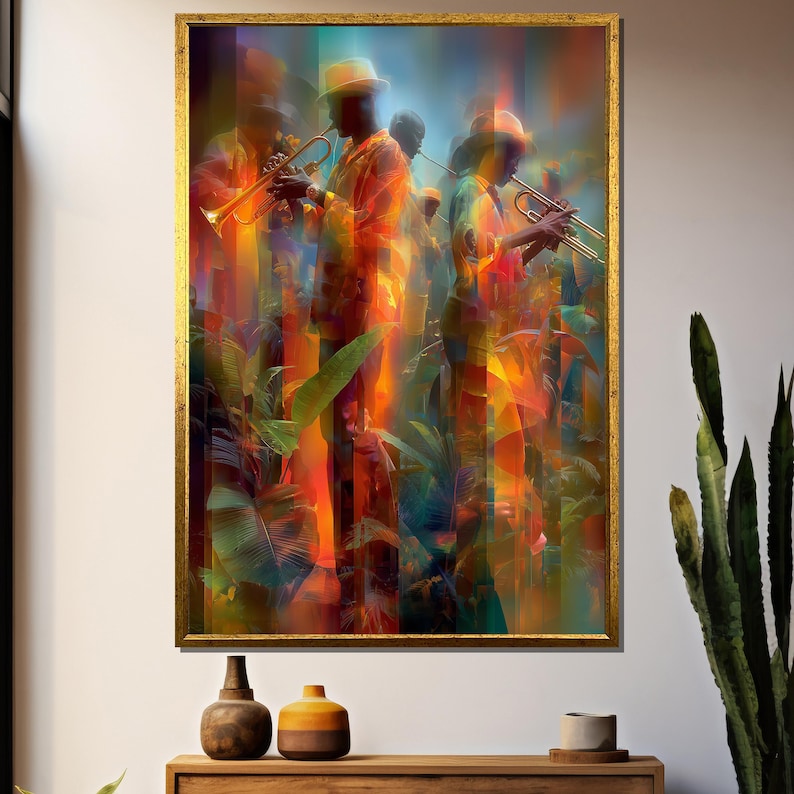 Vibrant Jazz Musicians Playing Trumpets in Tropical Abstract Colors ...
