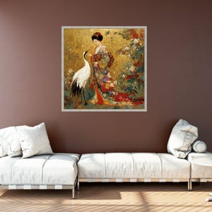 Elegante geisha met kraan, Aziatische canvas muurkunst, bladgoud achtergrond, Japanse kimono schilderij, decoratieve bloemkunst, klaar om op te hangen Silver Frame