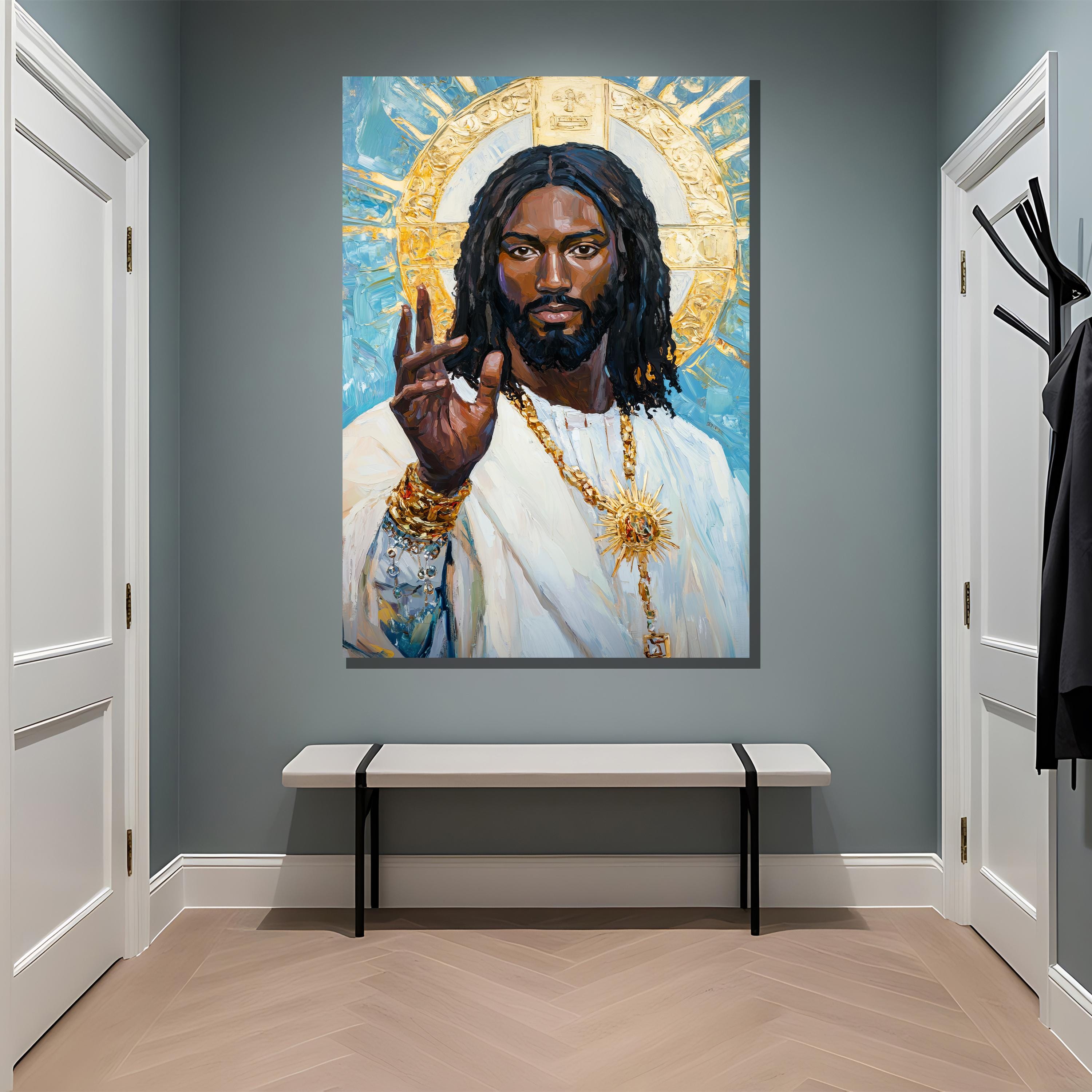 African American Jesus Christ Canvas Painting – Gold Halo