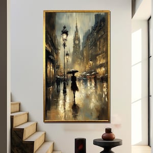Romantic Rainy Street Painting – Woman with Umbrella and Clock Tower in Golden Lights, Impressionist City Scene Canvas Wall Art