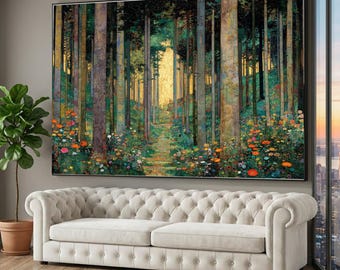 Gustav Klimt Enchanted Forest Path Canvas, Floral Garden Wall Art, Nature Landscape Painting, Woodland Flowers Canvas, Home Decor Wall Art
