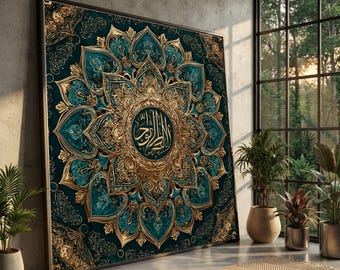 Gold Islamic Calligraphy Canvas Art, Arabic Floral Mandala