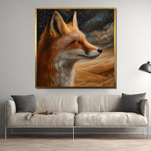 Sternenklare Nacht Fuchs Wandkunst, Wüsten Fuchs Portrait Leinwand, mystische Tier Malerei, rustikale Wildtier Dekor für Haus und Kabine