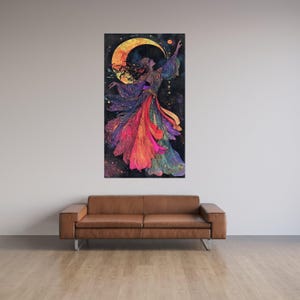 Mystical Lunar Dance Canvas, Bohemian Woman Art, Colorful Flowing Dress, Moonlight Wall Art, Fantasy Home Decor, Vibrant Spiritual Painting StretchedWood Canvas