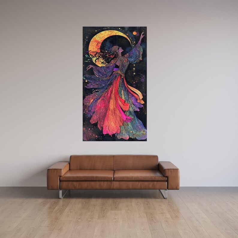 Mystical Lunar Dance Canvas, Bohemian Woman Art, Colorful Flowing Dress, Moonlight Wall Art, Fantasy Home Decor, Vibrant Spiritual Painting StretchedWood Canvas