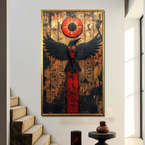 Ägyptischer Vogel Wandbild, Hieroglyphe Holz Leinwand Druck, Sonnen Symbol Stammes Dekor, antike Mythologie Akzent, kulturelle Geschenkidee